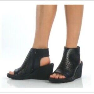 ECCO Freja Wedge Leather Sandal Bootie Ankle Boot Open Toe Laser Cut Black